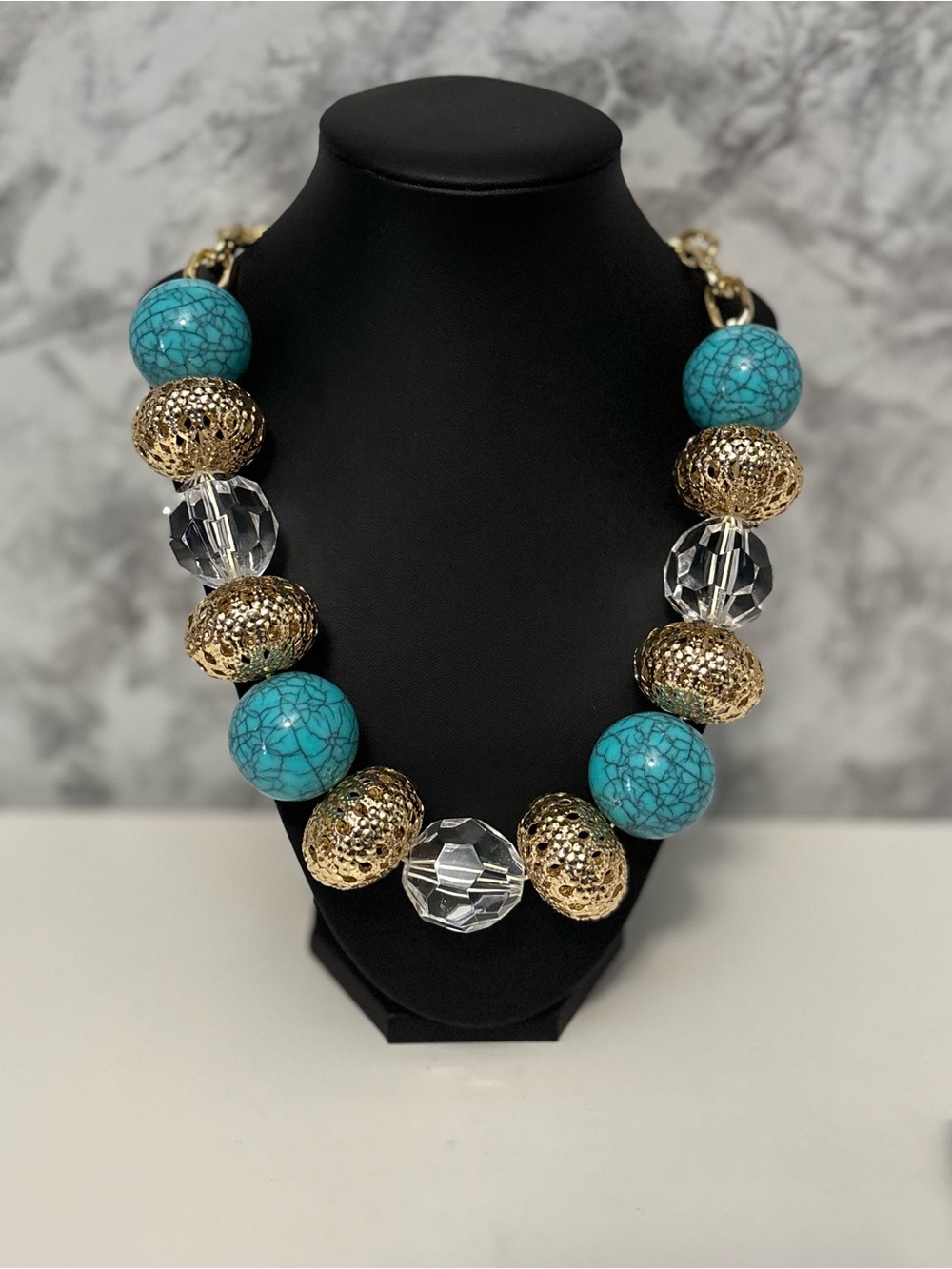 Turquoise & Gold Statement Necklace - Bold Chunky Beaded Necklace